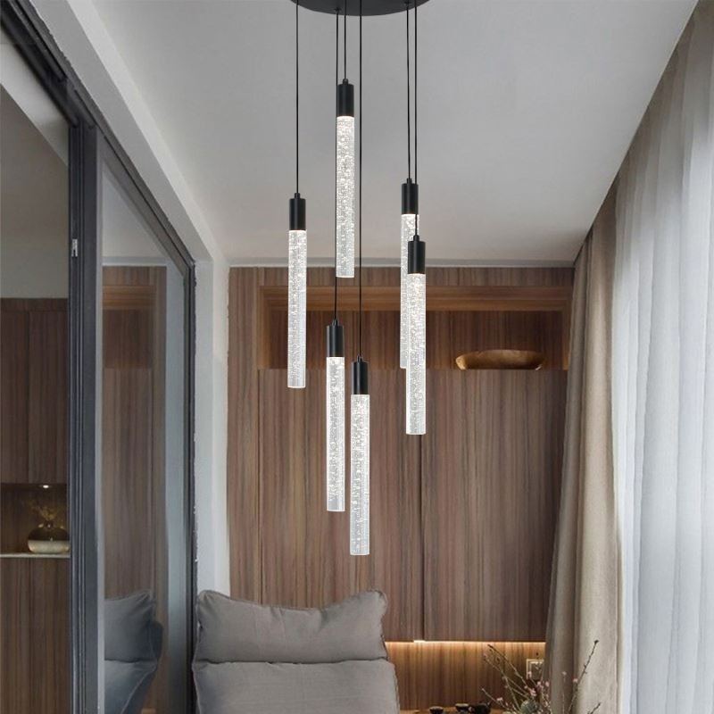 Lámpara colgante de cristal negro con forma de columna y luz de techo