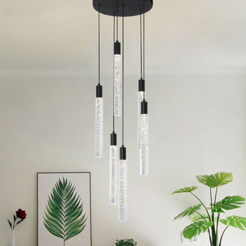 Lámpara colgante de cristal negro con forma de columna y luz de techo