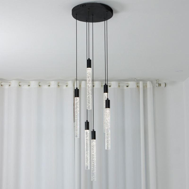 Lámpara colgante de cristal negro con forma de columna y luz de techo