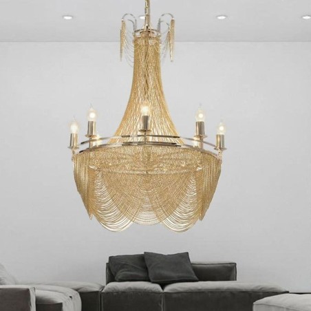 Lámpara colgante de cadena de aluminio, luz creativa, luz decorativa de lujo con borlas, luz dorada y plateada Lámpara colgante de cadena de aluminio, luz creativa, luz decorativa de lujo con borlas, luz dorada y plateada