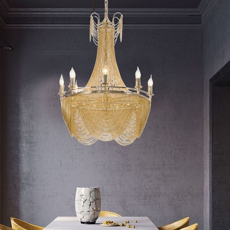 Lámpara colgante de cadena de aluminio, luz creativa, luz decorativa de lujo con borlas, luz dorada y plateada