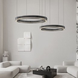 Lámpara colgante de techo de cristal de doble círculo de 60+80 cm, regulable sin escalonamientos con control remoto