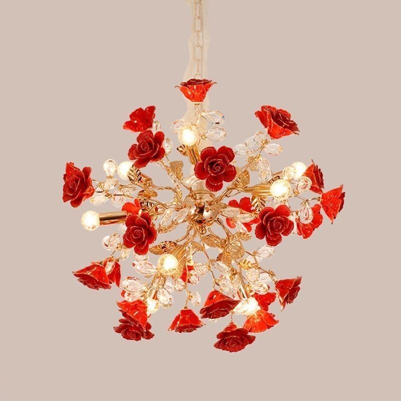 Lámpara colgante de lujo de cerámica con flores rojas