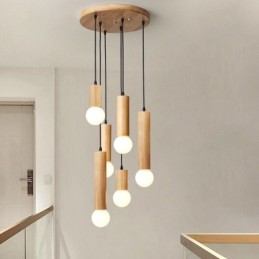 Lámpara colgante de madera japonesa de 6 luces