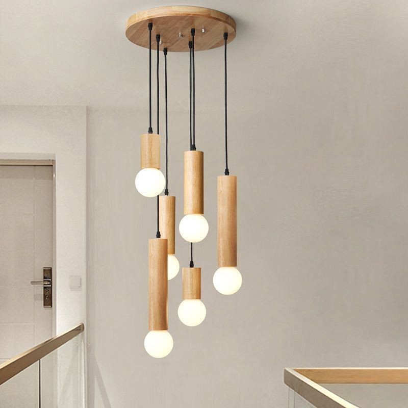 Lámpara colgante de madera japonesa de 6 luces