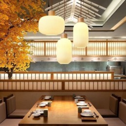 Lámpara colgante de madera japonesa con farol de cristal