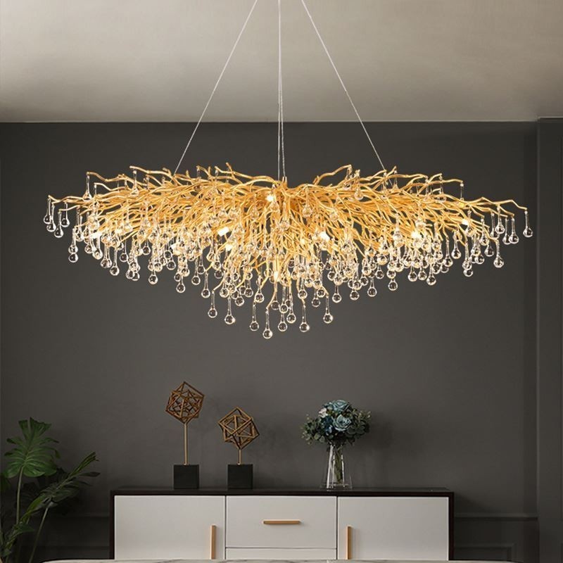 Lámpara colgante de techo moderna de cristal de lujo dorada para comedor