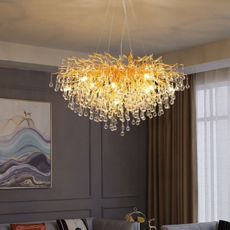 Lámpara colgante nórdica de cristal con forma de flor y pantalla redonda, de lujo, dorada Lámpara colgante nórdica de cristal con forma de flor y pantalla redonda, de lujo, dorada