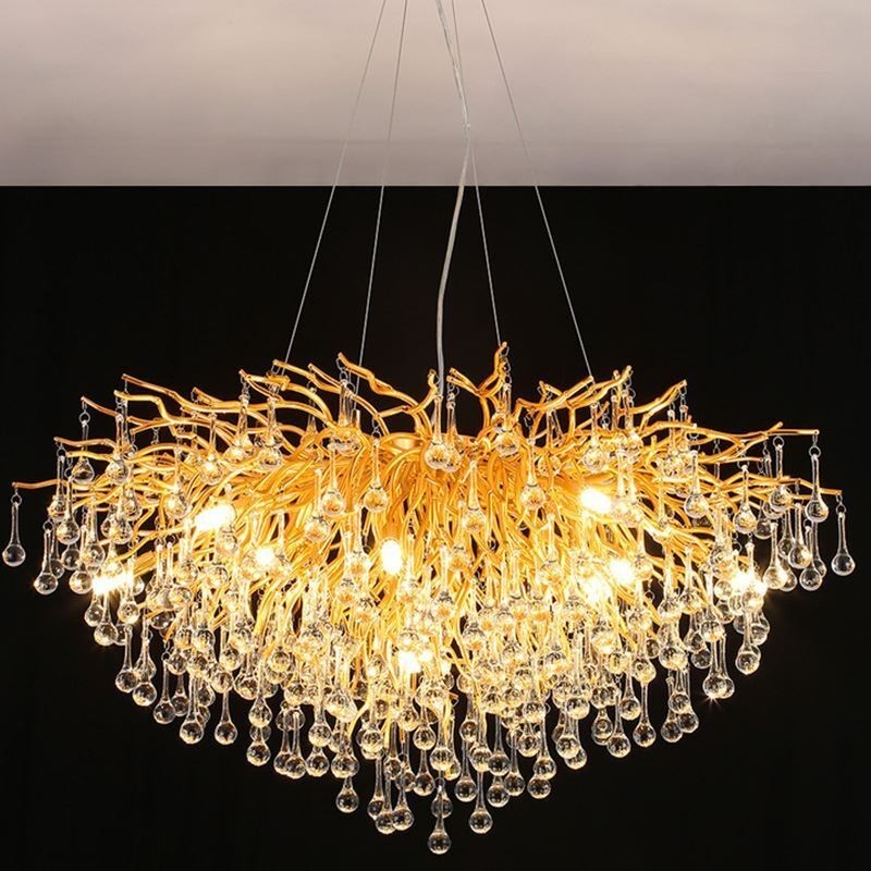 Lámpara colgante nórdica de cristal con forma de flor y pantalla redonda, de lujo, dorada
