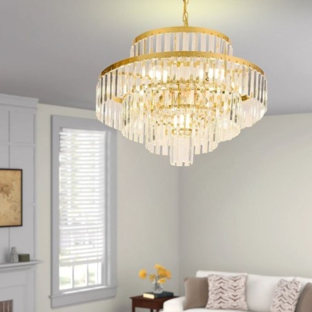Lámpara colgante de cristal dorado de 4 niveles, iluminación de techo, 7 luces Lámpara colgante de cristal dorado de 4 niveles, iluminación de techo, 7 luces