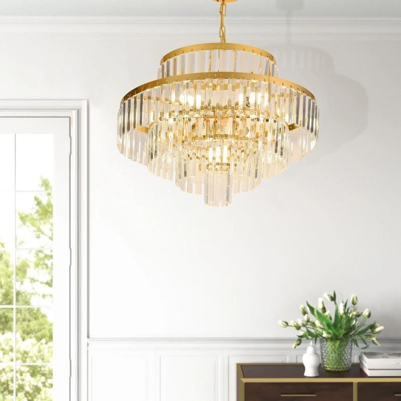 Lámpara colgante de cristal dorado de 4 niveles, iluminación de techo, 7 luces