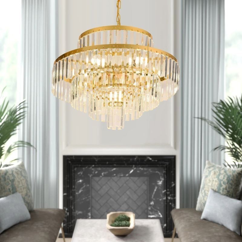 Lámpara colgante de cristal dorado de 4 niveles, iluminación de techo, 7 luces