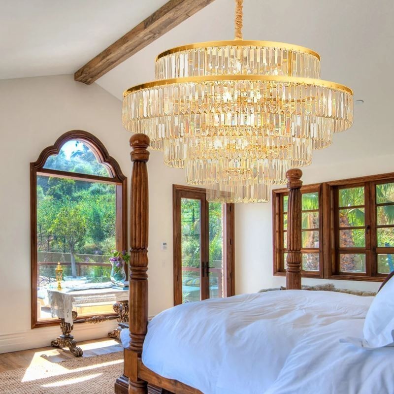 Lámpara colgante de cristal dorado de 5 niveles, iluminación de techo, 7 luces