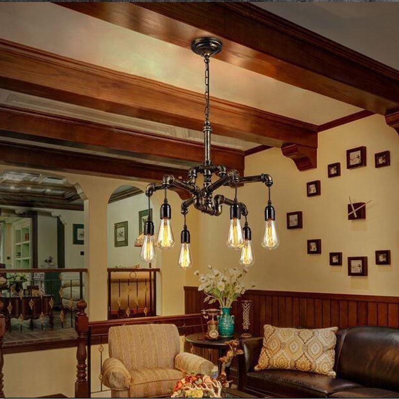 Lámpara colgante estilo rústico campestre con 6 luces estilo retro industrial vintage con forma de tubería de agua