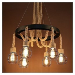Lámpara colgante de cuerda de cáñamo de estilo retro de 6 cabezas con pantalla de hierro