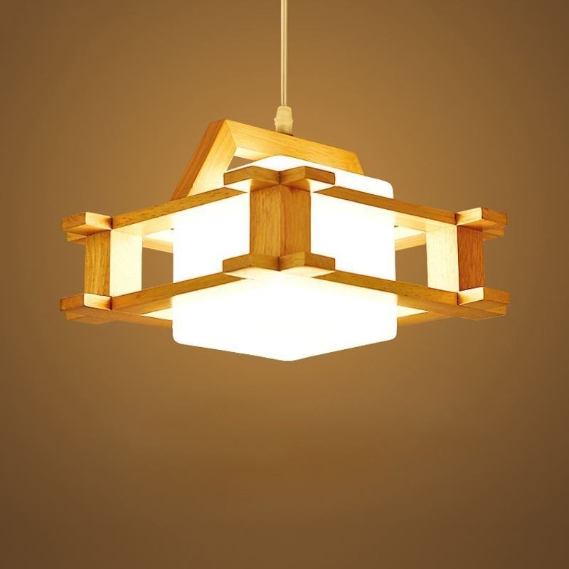 Lámpara colgante de roble de estilo nórdico con pantalla de vidrio esmerilado Cafe