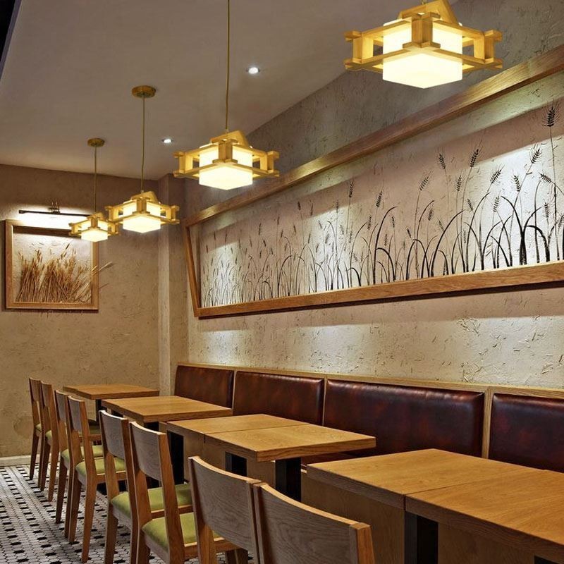 Lámpara colgante de roble de estilo nórdico con pantalla de vidrio esmerilado Cafe