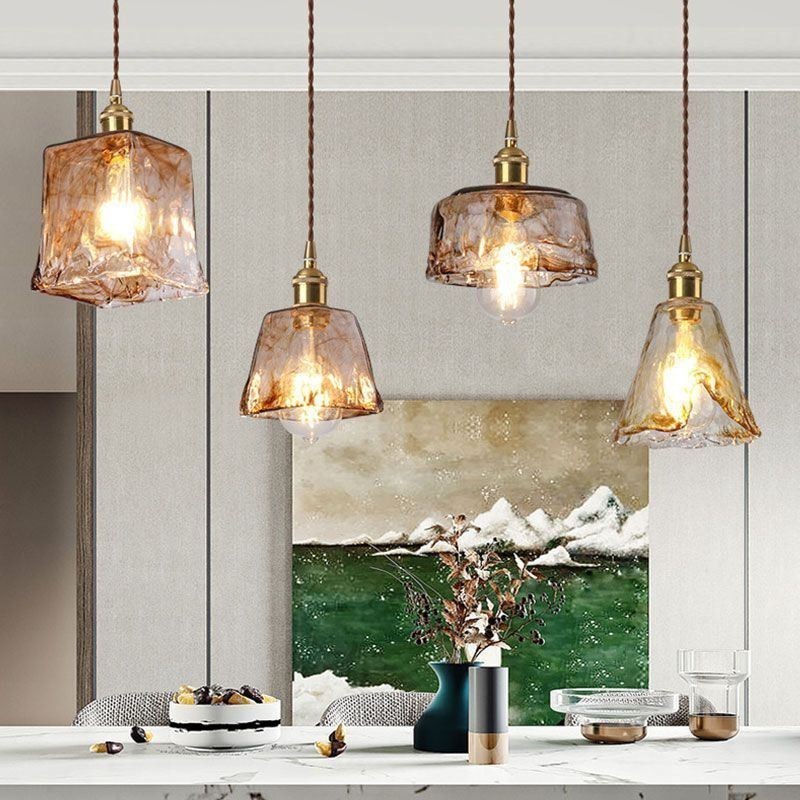 Lámpara colgante de cristal única en miniatura, estilo japonés, color ámbar, iluminación decorativa.