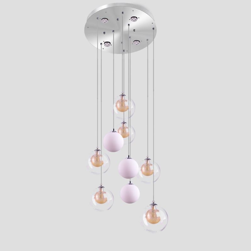 Lámpara colgante de techo de cristal en racimo, níquel dorado cepillado + bola de cristal lechoso