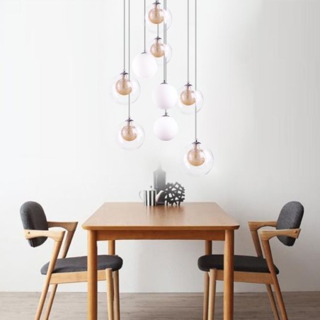 Lámpara colgante de techo de cristal en racimo, níquel dorado cepillado y bola de cristal lechoso