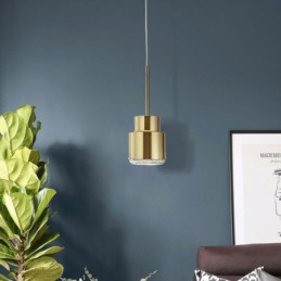 Lámpara colgante de vidrio posmoderno, lámpara cilíndrica dorada, iluminación brillante.
