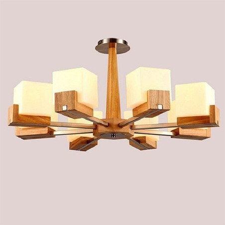 Lámpara colgante nórdica de madera con pantalla de cristal Lámpara colgante nórdica de madera con pantalla de cristal
