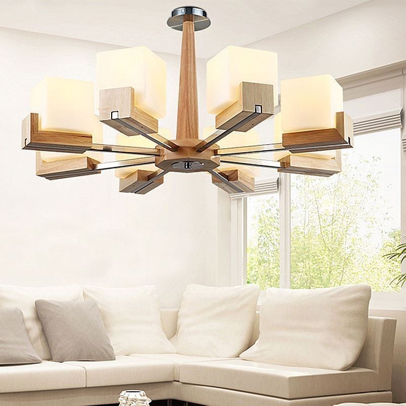 Lámpara colgante nórdica de madera con pantalla de cristal