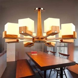 Lámpara colgante nórdica de madera con pantalla de cristal
