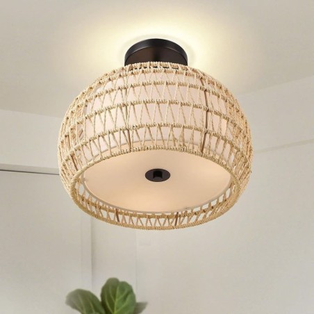 Lámpara de techo empotrada de tela con cuerda de papel, redonda, de 32 cm y 3 luces Lámpara de techo empotrada de tela con cuerda de papel, redonda, de 32 cm y 3 luces