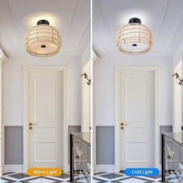 Lámpara de techo empotrada de tela con cuerda de papel, redonda, de 32 cm y 3 luces