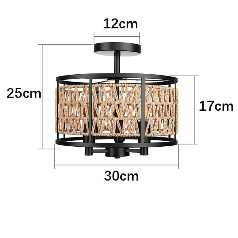 Lámpara de techo retro con cuerda de papel de hierro negro, 3 luces