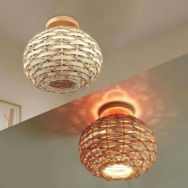 Pantalla de lámpara de ratán tejido con cuerda de papel y montaje empotrado en color madera y calabaza