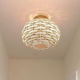 Pantalla de lámpara de ratán tejido con cuerda de papel y montaje empotrado en color madera y calabaza