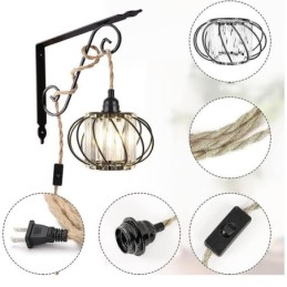 Lámpara de techo estilo retro campestre con cuerda de cáñamo y hierro, lámpara colgante para mesita de noche con enchufe