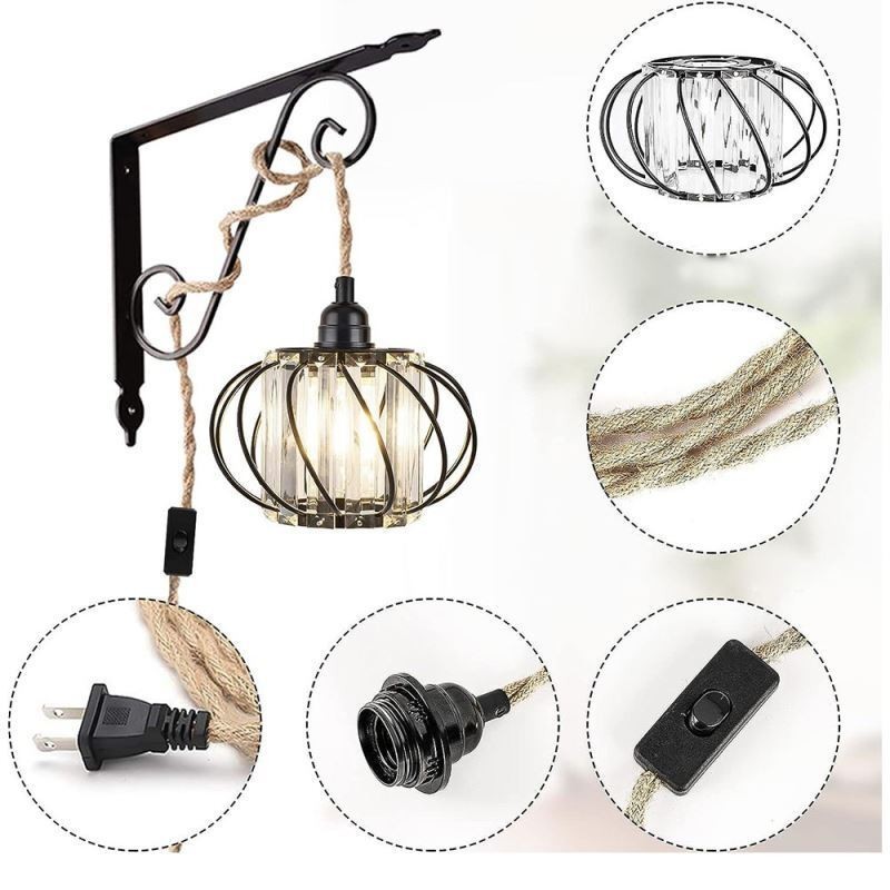 Lámpara de techo estilo retro campestre con cuerda de cáñamo y hierro, lámpara colgante para mesita de noche con enchufe