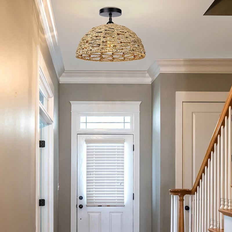 Lámpara colgante retro de estilo campestre con pantalla de cuerda de papel tejida a mano de 30 cm