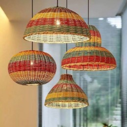 Lámpara colgante de bambú y ratán con rayas de colores, pantalla tejida a mano, lámpara de techo