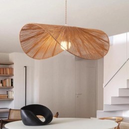 Lámpara colgante retro creativa con forma de sombrero de paja Wabi Sabi y cuerda de cáñamo.