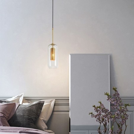 Lámpara colgante nórdica de cristal transparente con interior hueco de latón único Lámpara colgante nórdica de cristal transparente con interior hueco de latón único