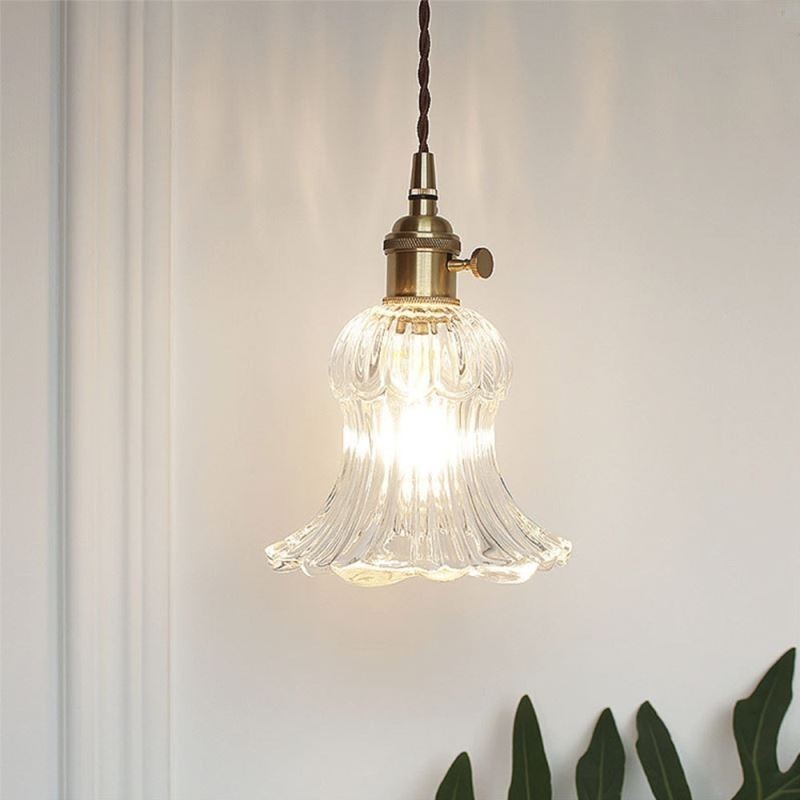Lámpara colgante de cristal acanalado transparente con forma de flor e interruptor giratorio