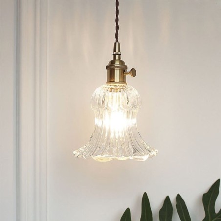 Lámpara colgante de cristal acanalado transparente con forma de flor e interruptor giratorio Lámpara colgante de cristal acanalado transparente con forma de flor e interruptor giratorio