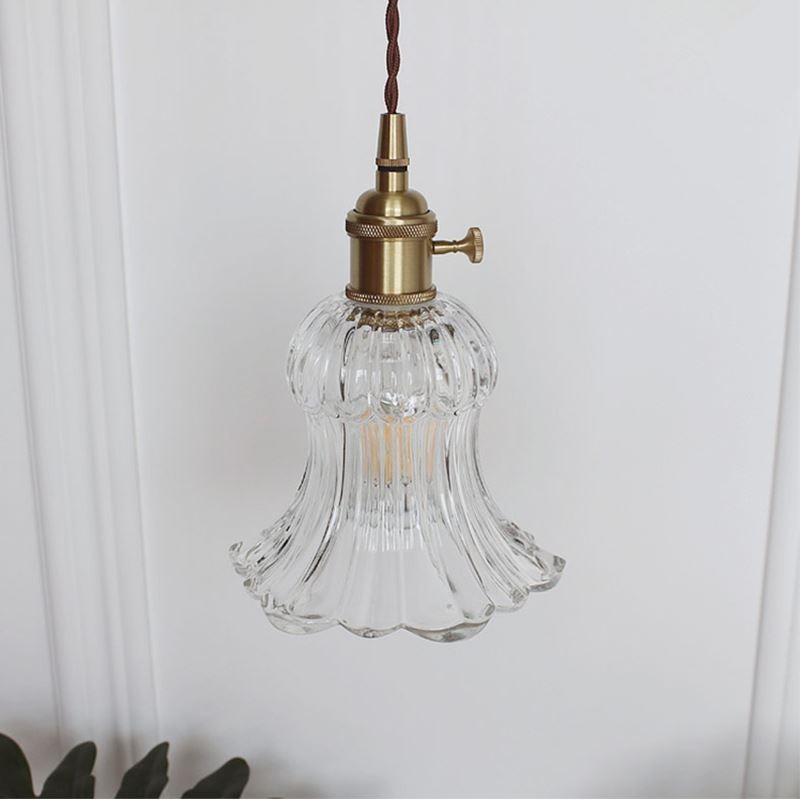Lámpara colgante de cristal acanalado transparente con forma de flor e interruptor giratorio