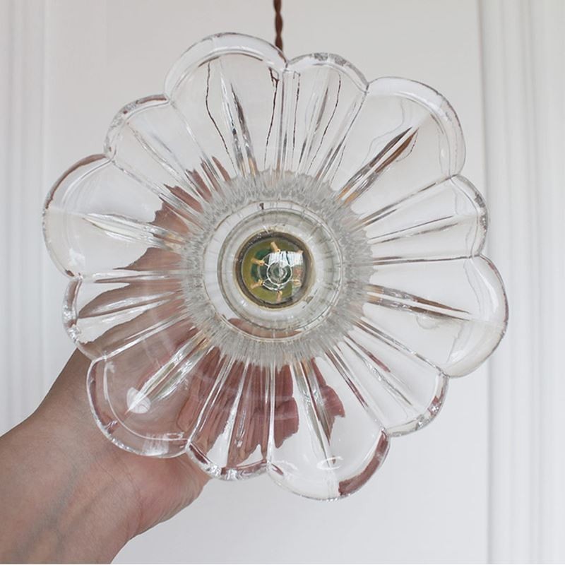 Lámpara colgante de cristal acanalado transparente con forma de flor e interruptor giratorio