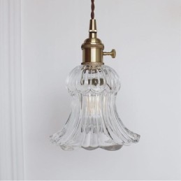 Lámpara colgante de cristal acanalado transparente con forma de flor e interruptor giratorio