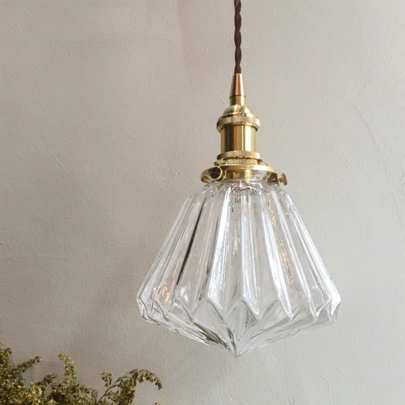 Lámpara colgante de cristal acanalado con forma de diamante transparente