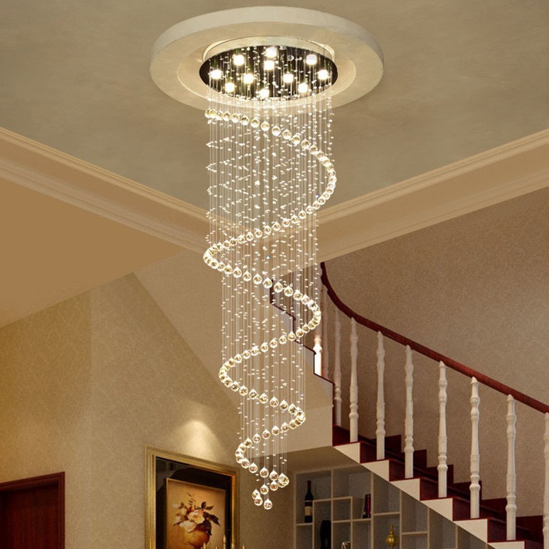 Lámpara colgante de techo de cristal K9 moderna en espiral, lámpara de araña para interiores, accesorios de iluminación para escaleras, techos altos.