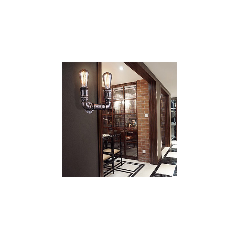 Lámpara de pared vintage de metal con forma de tubería de agua y 2 luces con bombilla Edison