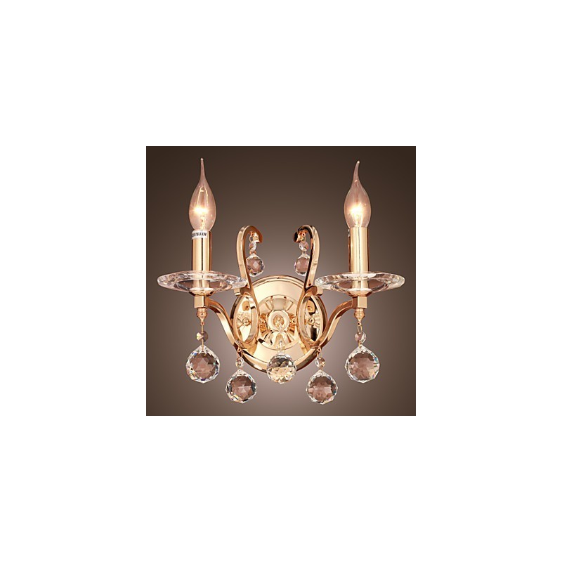 Aplique de pared de cristal dorado con 2 luces