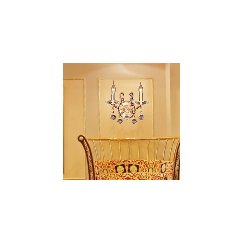 Aplique de pared de cristal dorado con 2 luces