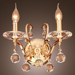 Aplique de pared de cristal dorado con 2 luces